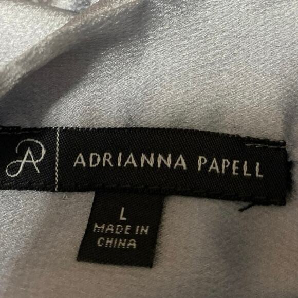 Adrianna Papell Silver Silk Satin Long Sleeve Bow Tie Neck Blouse Shirt Top Sz L - Picture 3 of 4